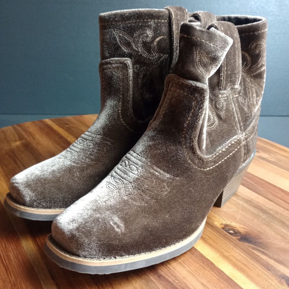Justin Gypsy Boots Velvet Velour Womens Sz 6B Brown‎ Cowgirl Western Square Toe